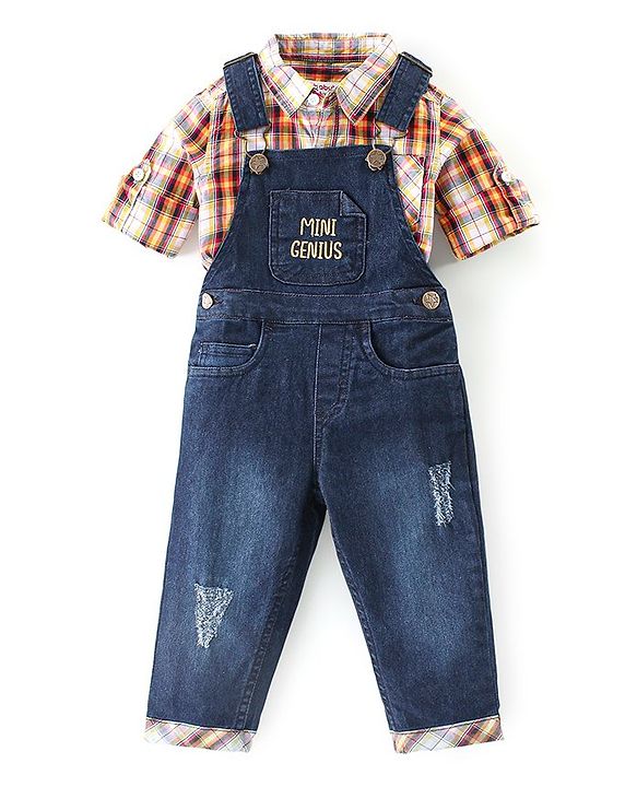 Babyhug Text Embroidered Denim Dungaree and Full Sleeves Checkered Shirt Set - Multicolor & Blue