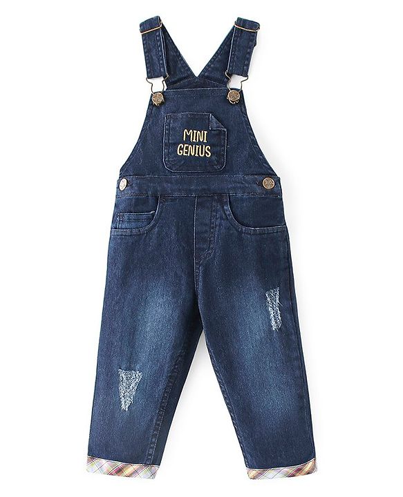 Babyhug Text Embroidered Denim Dungaree and Full Sleeves Checkered Shirt Set - Multicolor & Blue