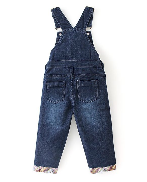 Babyhug Text Embroidered Denim Dungaree and Full Sleeves Checkered Shirt Set - Multicolor & Blue
