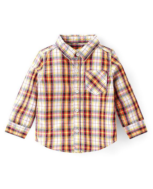 Babyhug Text Embroidered Denim Dungaree and Full Sleeves Checkered Shirt Set - Multicolor & Blue