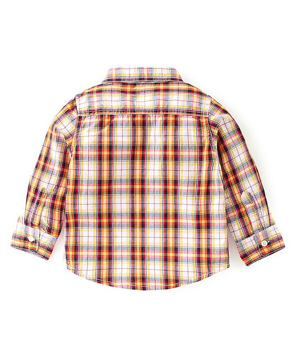 Babyhug Text Embroidered Denim Dungaree and Full Sleeves Checkered Shirt Set - Multicolor & Blue