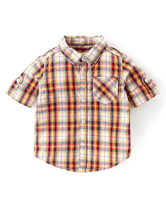 Babyhug Text Embroidered Denim Dungaree and Full Sleeves Checkered Shirt Set - Multicolor & Blue