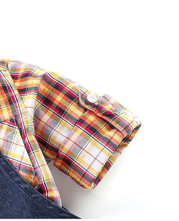 Babyhug Text Embroidered Denim Dungaree and Full Sleeves Checkered Shirt Set - Multicolor & Blue