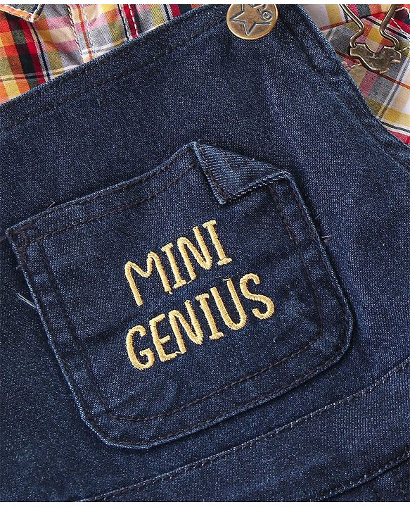 Babyhug Text Embroidered Denim Dungaree and Full Sleeves Checkered Shirt Set - Multicolor & Blue