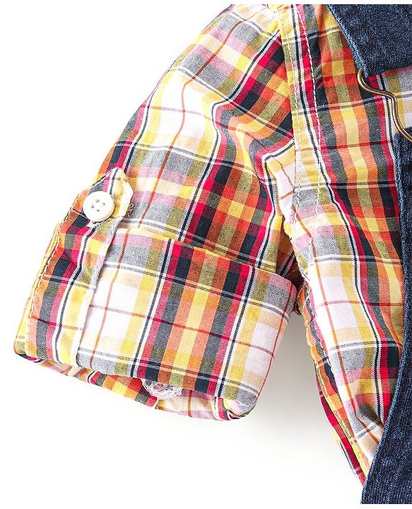 Babyhug Text Embroidered Denim Dungaree and Full Sleeves Checkered Shirt Set - Multicolor & Blue