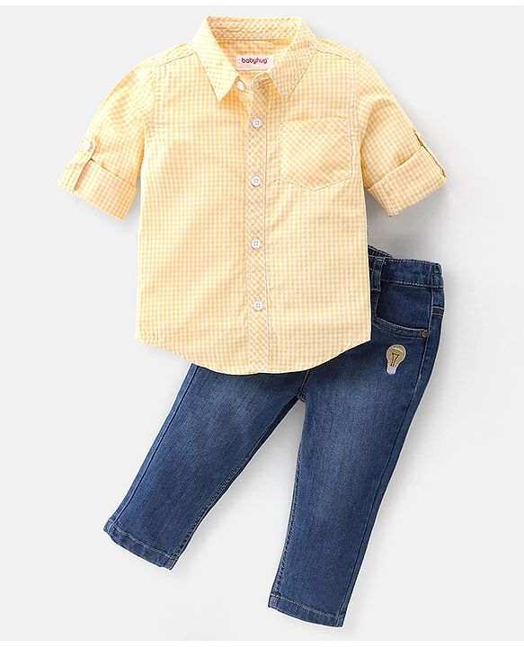 Babyhug Cotton Woven Full Sleeves Checkered Shirt & Jeans Set - Yellow & Blue