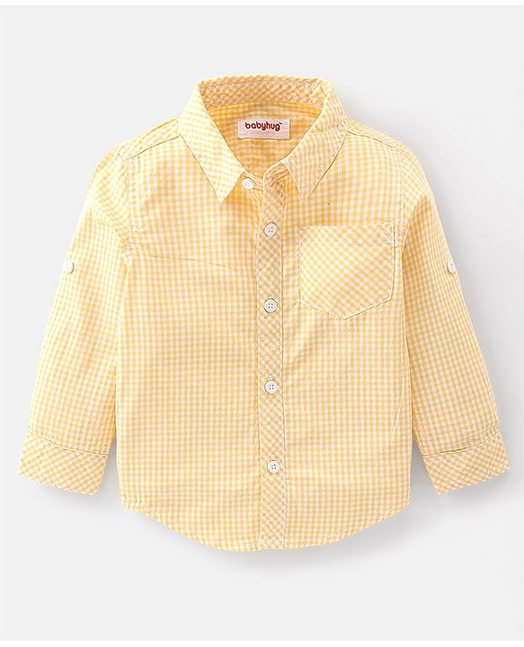 Babyhug Cotton Woven Full Sleeves Checkered Shirt & Jeans Set - Yellow & Blue