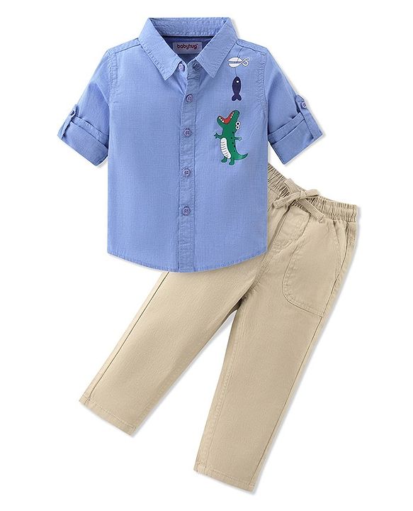 Babyhug Cotton Woven Full Shirt & Trouser Set Dino Printed - Blue & Beige