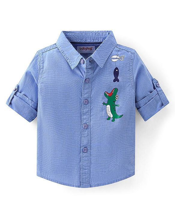 Babyhug Cotton Woven Full Shirt & Trouser Set Dino Printed - Blue & Beige