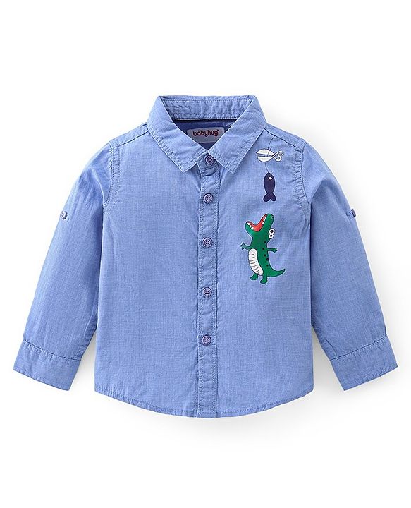 Babyhug Cotton Woven Full Shirt & Trouser Set Dino Printed - Blue & Beige