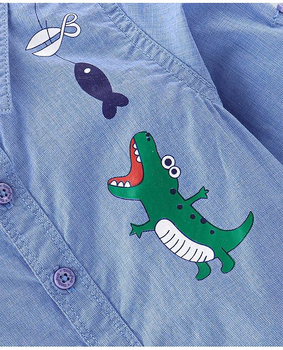 Babyhug Cotton Woven Full Shirt & Trouser Set Dino Printed - Blue & Beige