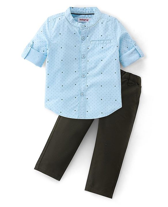 Babyhug 100% Cotton Knit Full Sleeves Shirt & Trouser Pant With Dots Print - Blue