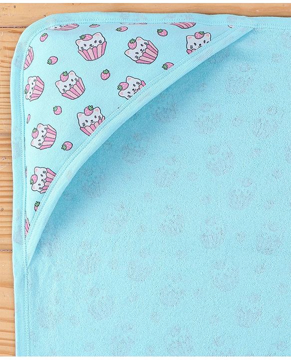 Babyhug Terry Knit Hooded Bath Towel with Kitty Print L 72 x B 72 cm - Blue