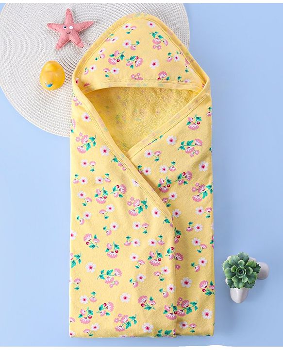 Babyhug Terry Knit Hooded Bath Towel Floral Print L 72 x B 72 cm - Yellow