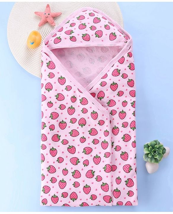 Babyhug Terry Knit Hooded Bath Towel Strawberry Print L 72 x B 72 cm - Pink
