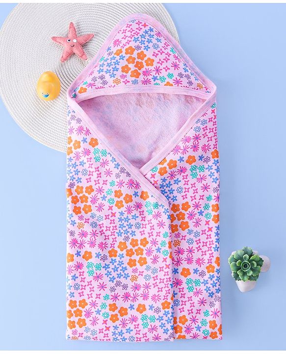 Babyhug Terry Knit Hooded Bath Towel Floral Print L 72 x B 72 cm - Pink