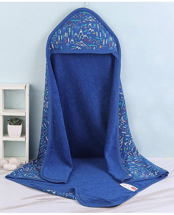 Babyhug Terry Knit Hooded Bath Towel Mountain Print L 72 x B 72 cm - Blue