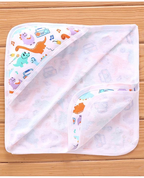 Babyhug Terry Knit Hooded Bath Towel Dino Print L 76 x B 76 cm - Multicolour