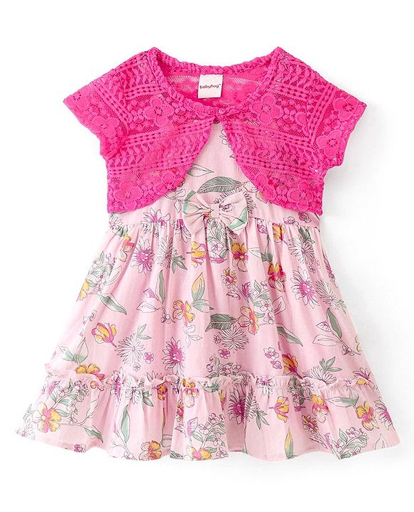 Babyhug Cotton Frock with Half Sleeves Shrug Floral Printed - Pink