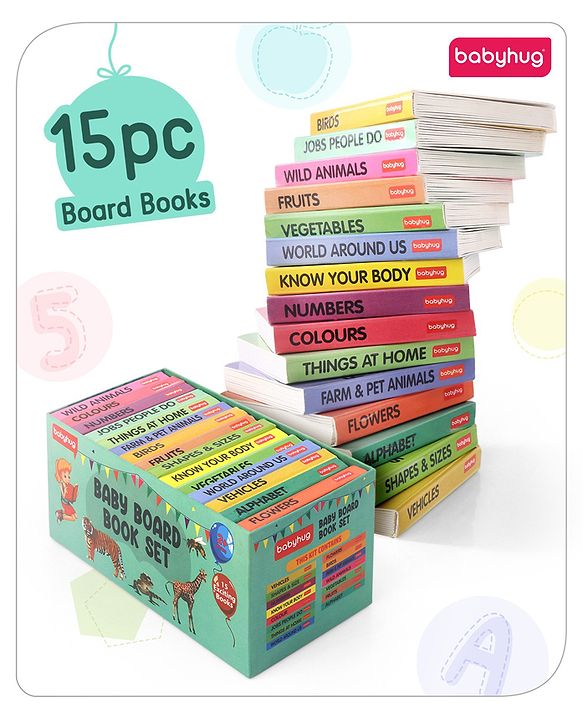 Babyhug Baby Board Books- Set of 15| Basic Concepts|Early Learning Pocket-Sized Pre-School bookPremium Quality & Handy book with 11 pages|Ideal for Gifting