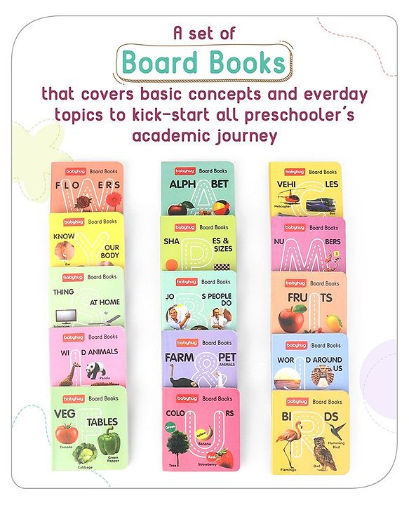 Babyhug Baby Board Books- Set of 15| Basic Concepts|Early Learning Pocket-Sized Pre-School bookPremium Quality & Handy book with 11 pages|Ideal for Gifting