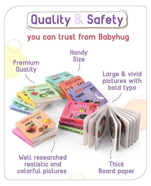 Babyhug Baby Board Books- Set of 15| Basic Concepts|Early Learning Pocket-Sized Pre-School bookPremium Quality & Handy book with 11 pages|Ideal for Gifting