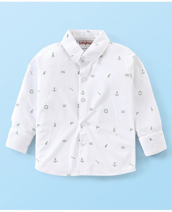 Babyhug Woven Full Sleeves Party Wear Shirt & Pant With Bow & Suspender Light House Print - Green & White