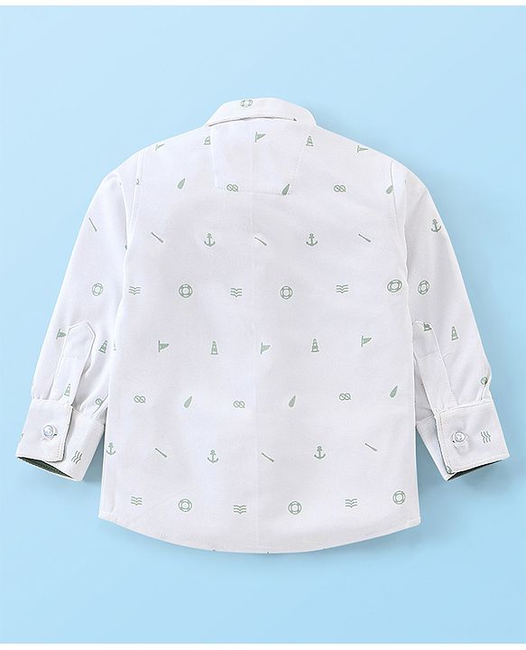 Babyhug Woven Full Sleeves Party Wear Shirt & Pant With Bow & Suspender Light House Print - Green & White