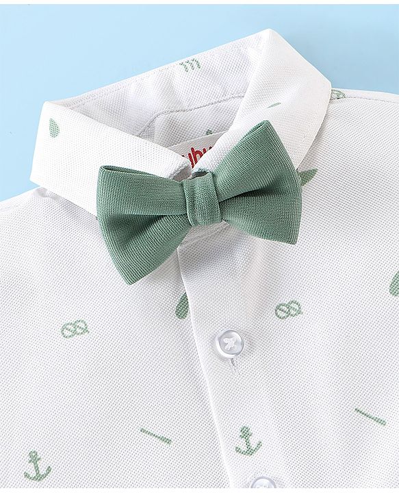 Babyhug Woven Full Sleeves Party Wear Shirt & Pant With Bow & Suspender Light House Print - Green & White