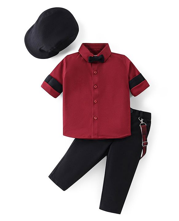 Babyhug Full Sleeves Party Wear Shirt & Bottom With Bow & Suspender- Red & Black