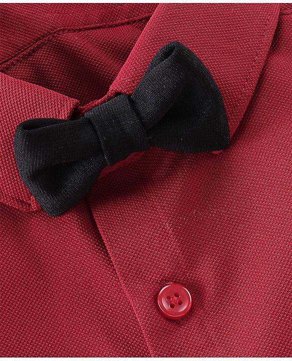 Babyhug Full Sleeves Party Wear Shirt & Bottom With Bow & Suspender- Red & Black