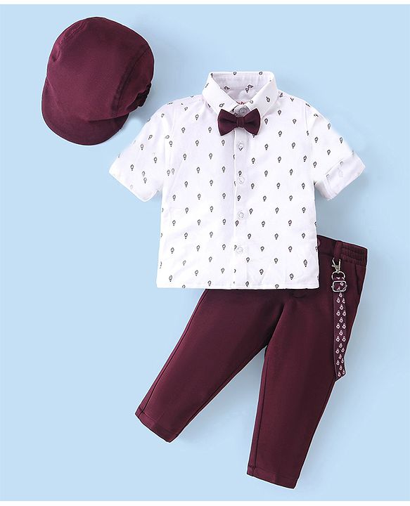 Babyhug Woven Full Sleeves Party Wear Shirt & Pant Set With Bow & Suspender Ice Cream Print - White & Maroon