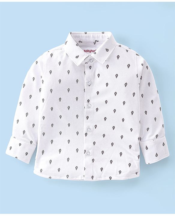 Babyhug Woven Full Sleeves Party Wear Shirt & Pant Set With Bow & Suspender Ice Cream Print - White & Maroon