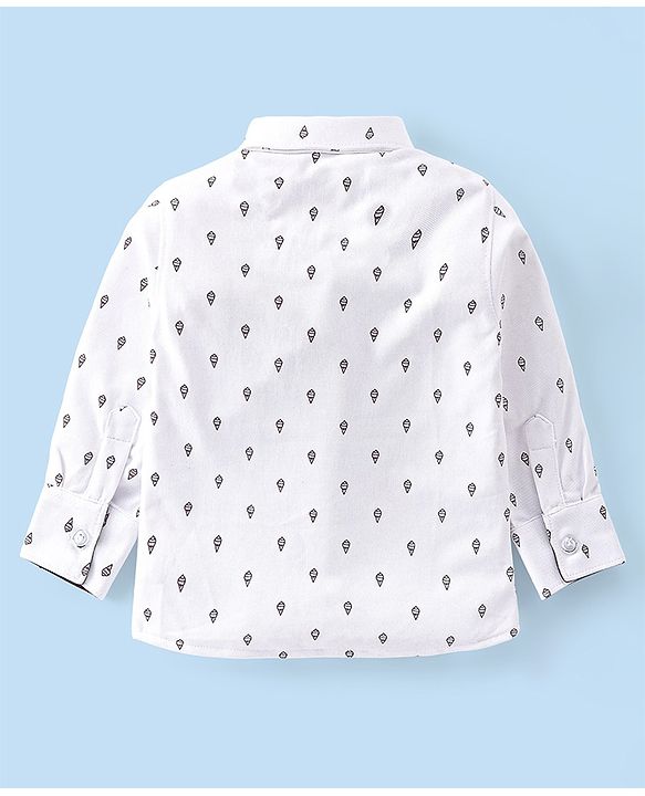 Babyhug Woven Full Sleeves Party Wear Shirt & Pant Set With Bow & Suspender Ice Cream Print - White & Maroon