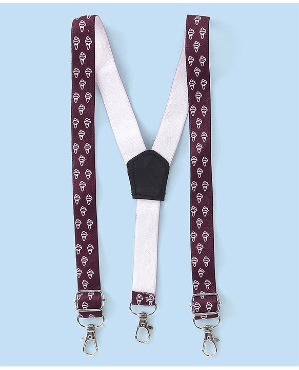 Babyhug Woven Full Sleeves Party Wear Shirt & Pant Set With Bow & Suspender Ice Cream Print - White & Maroon
