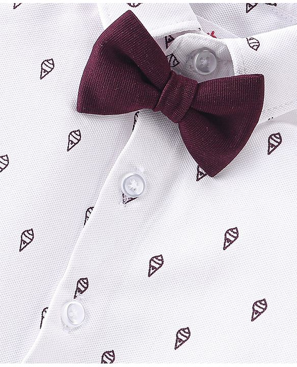 Babyhug Woven Full Sleeves Party Wear Shirt & Pant Set With Bow & Suspender Ice Cream Print - White & Maroon