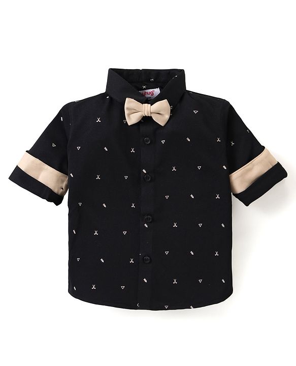Babyhug Woven Full Sleeves Party Wear Shirt & Pant With Bow & Suspender Sunglasses Print - Black & Beige
