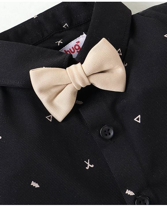 Babyhug Woven Full Sleeves Party Wear Shirt & Pant With Bow & Suspender Sunglasses Print - Black & Beige