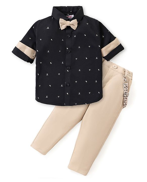 Babyhug Woven Full Sleeves Party Wear Shirt & Pant With Bow & Suspender Sunglasses Print - Black & Beige