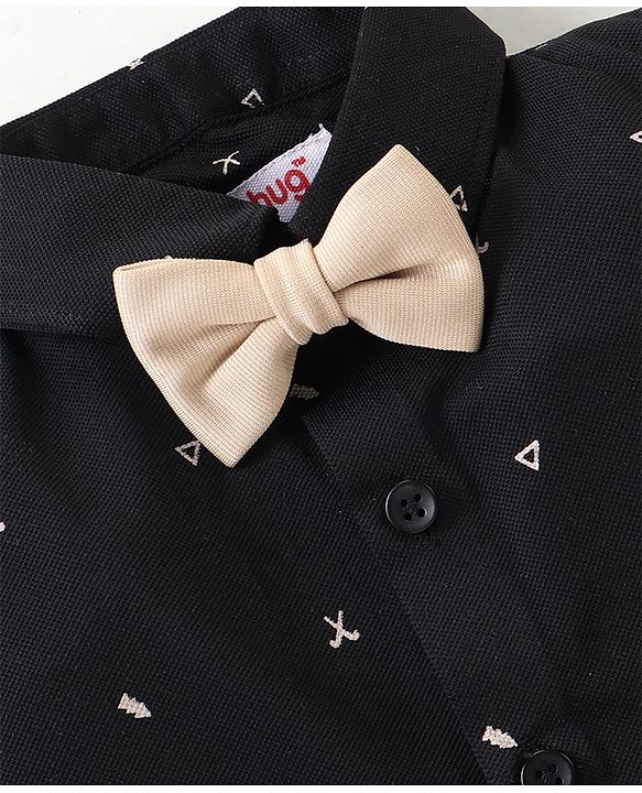Babyhug Woven Full Sleeves Party Wear Shirt & Pant With Bow & Suspender Sunglasses Print - Black & Beige