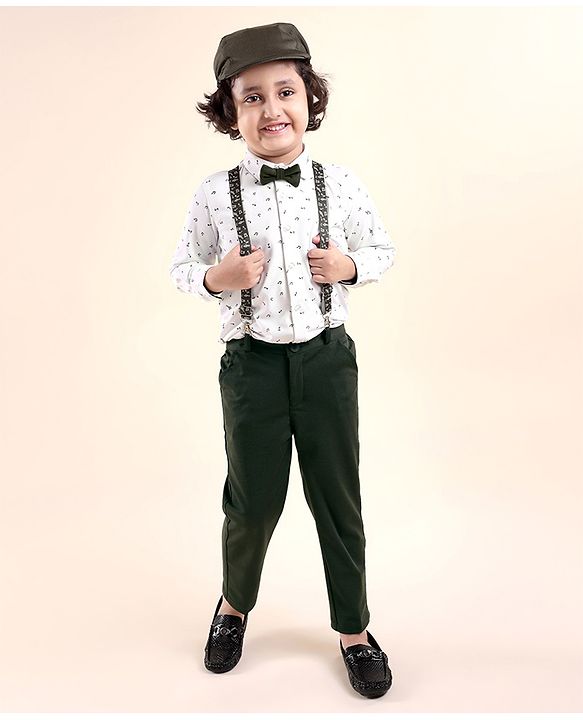 Babyhug Woven Full Sleeves Party Wear Shirt & Trouser with Bow & Suspender Music Notes Print - White & Olive