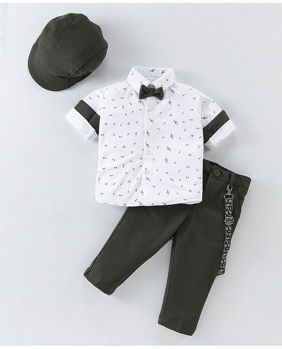 Babyhug Woven Full Sleeves Party Wear Shirt & Trouser with Bow & Suspender Music Notes Print - White & Olive