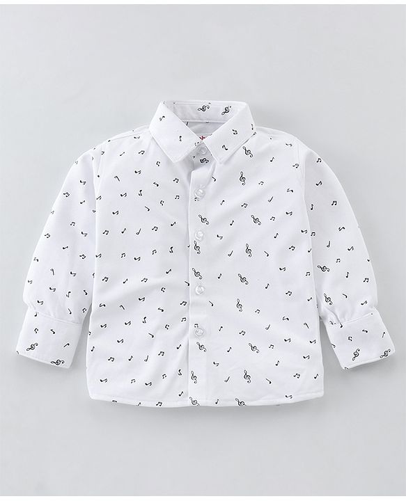 Babyhug Woven Full Sleeves Party Wear Shirt & Trouser with Bow & Suspender Music Notes Print - White & Olive