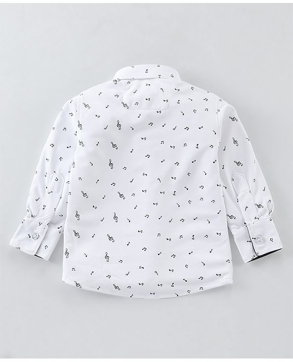 Babyhug Woven Full Sleeves Party Wear Shirt & Trouser with Bow & Suspender Music Notes Print - White & Olive
