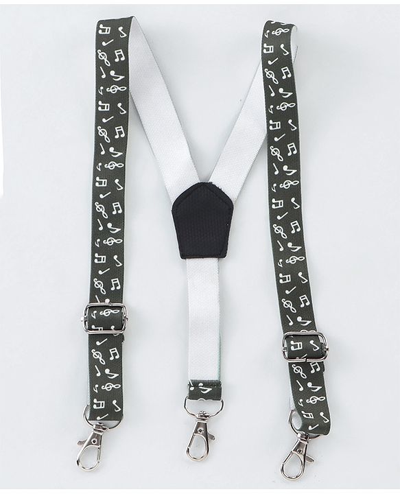 Babyhug Woven Full Sleeves Party Wear Shirt & Trouser with Bow & Suspender Music Notes Print - White & Olive