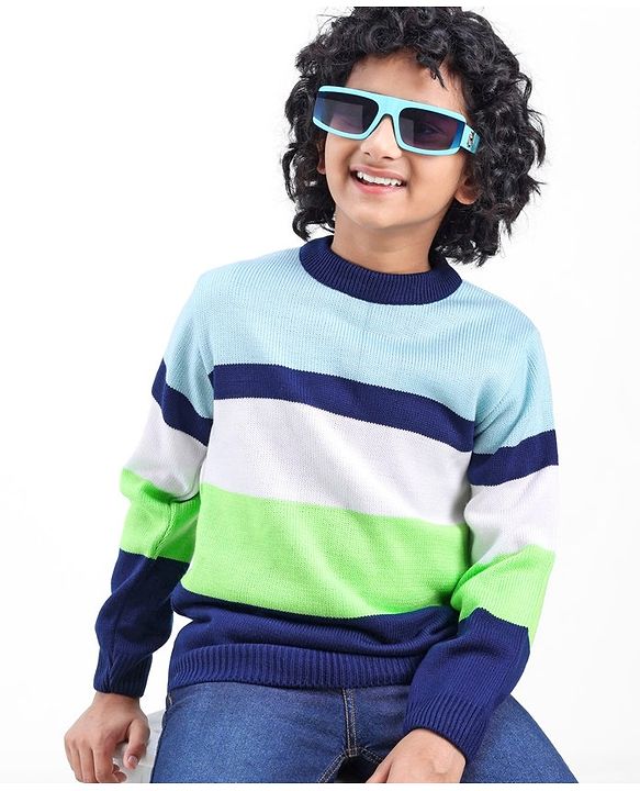 Pine Kids Full Sleeves Sweater Striped - Blue Green & White