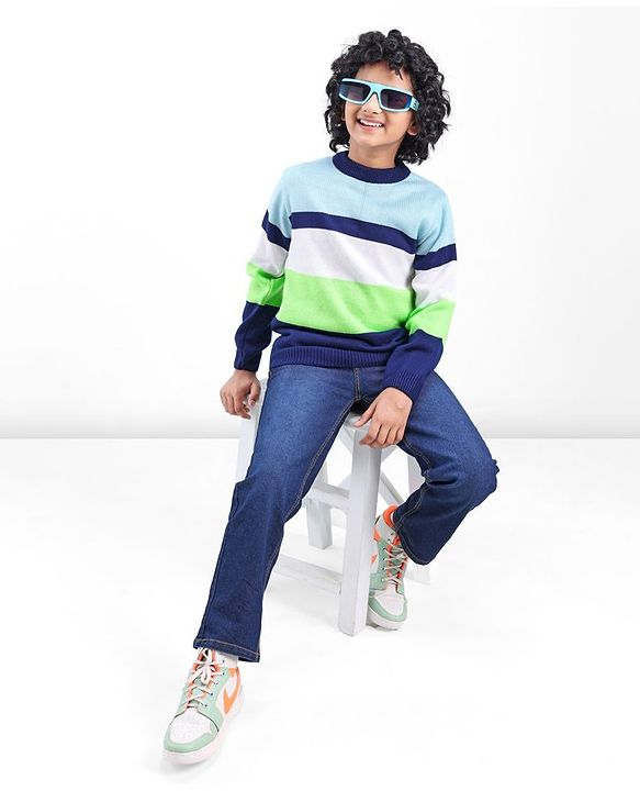 Pine Kids Full Sleeves Sweater Striped - Blue Green & White