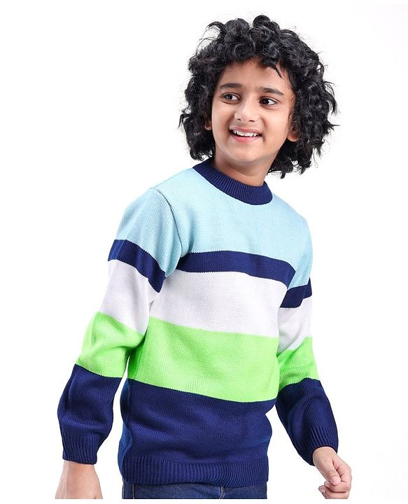 Pine Kids Full Sleeves Sweater Striped - Blue Green & White