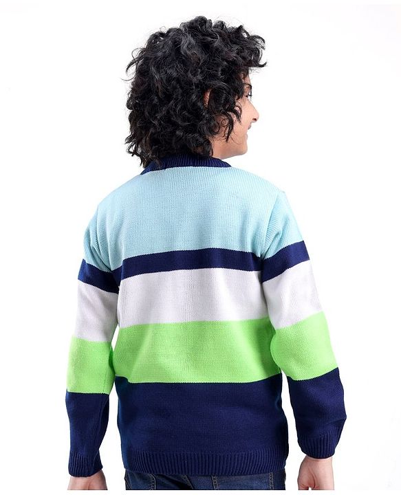 Pine Kids Full Sleeves Sweater Striped - Blue Green & White