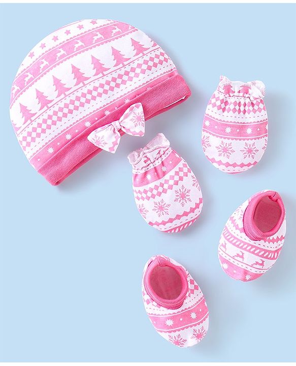 Babyhug 100% Cotton Knit Tree Print Cap Mittens & Booties - Pink